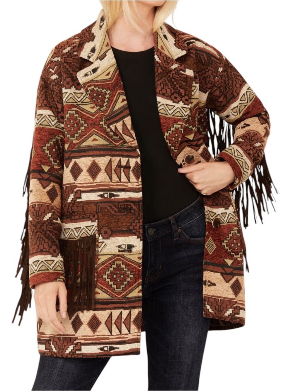 NWT Shyanne Tribal Tapestry Fringe Coat